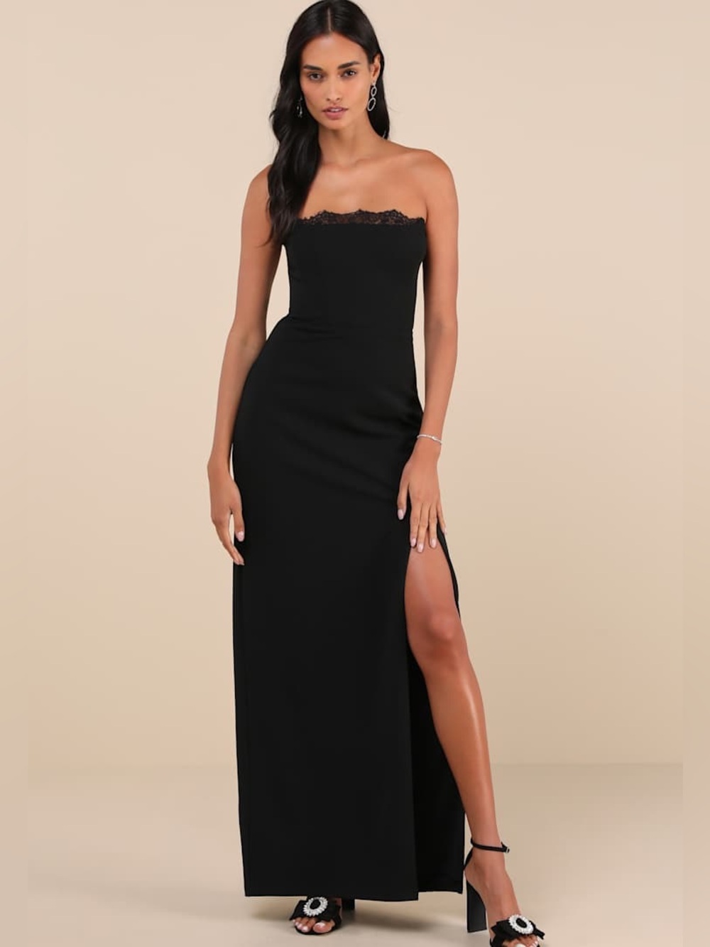Lulu's Memorably Iconic Black Strapless Lace Bustier Evening Gown Dress
